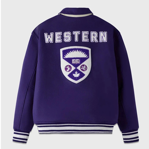 Chaqueta Varsity Morada para Hombre, Estilo Preppy, Logotipo Bordado de Mustangs y Búho, Cuello Camisero, Lana y Poliéster, Ropa de Otoño - Product Image 2