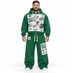 Conjunto deportivo con capucha y cremallera completa, estampado gráfico, en tejido french terry para hombre, con pantalones deportivos de pierna ancha y dobladillo abierto, y etiquetas personalizadas OEM. - Product Image 1