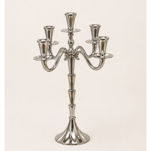Candélabre en métal exclusif à 5 bras, porte-bougie argenté, centre de table pour mariage, fête et décoration d'événements, vente en gros - Product Image 1