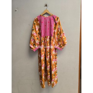 Robe midi pour femme de style bohème avec panneau à rayures contrastées, manches bouffantes, coupe ample en A, en coton, robe décontractée d'été - Product Image 6
