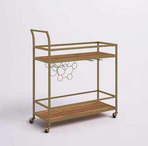Carrito de Servicio para Hotel con Acabado en Latón, 2 Estantes y 4 Ruedas Giratorias, Mueble Comercial Resistente, Carrito de Bar para Hotel - Product Image 2