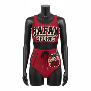 Traje de baño para mujer, 230 GSM, poliéster premium, spandex elástico, rojo cereza, negro, panel de malla, logotipo bordado con parche, traje de baño para mujer - Product Image 1