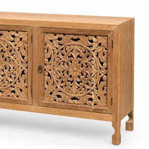 Handcrafted Solid Wood Carved <b>Sideboard</b> Cabinet with 3 Ornate Floral Doors, <b>Rustic</b> Boho Indian Style Buffet Storage Furniture - Product Image 3