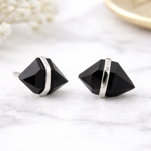 Black Onyx Elongated Hexagon <b>Stud</b> <b>Earring</b> <b>Silver</b> Plated Center Bezel <b>Set</b> Faceted Gemstone Handmade Minimalist Jewelry - Product Image 4