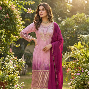 Traje Salwar Rosa con Bordado de Encaje Chinon, Estampado con Lentejuelas y Bordado, Top y Pantalón con Encaje Bordado, con Dupatta - Product Image 1