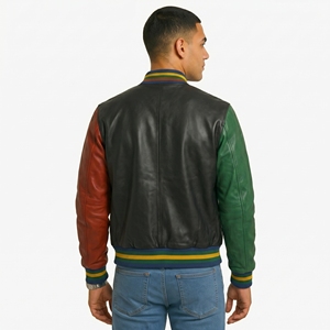 Veste universitaire en cuir véritable pour homme, style décontracté automne, col rabattu, color-block - Product Image 5
