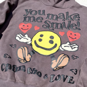 เสื้อฮู้ดดี้วินเทจทรงโอเวอร์ไซส์ลายกราฟิกหน้ายิ้ม พิมพ์นูน ผ้าคอตตอนหนานุ่ม สไตล์สตรีทแวร์ แบบสวมหัว OEM - Product Image 4