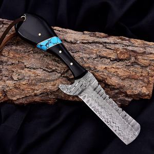 Cuchillo de Bolsillo de Acero de Damasco Hecho a Mano Personalizado, con Mango de Cuerno de Toro, para Caza, con Funda de Cuero, OEM, Envío Directo - Product Image 3