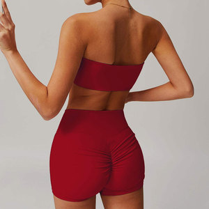 Burgundy Seamless 2-Piece Yoga Set Mid Waist Shorts <b>Crop</b> <b>Top</b> Racerback Solid Color Contrast Stitch Four-Way Stretch Breathable - Product Image 1