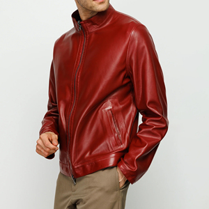 Chaqueta de Motociclista Delgada de Cuero Genuino Rojo para Hombre, Cuello Alto, Cierre de Cremallera, Manga Regular, Color Sólido, para Otoño - Product Image 4
