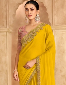 KV Women's Embroidered Designer Bollywood Silk <b>Satin</b> <b>Saree</b> with Reversible Wrinkle-Free Unstitched Blouse (Yellow) - Product Image 2