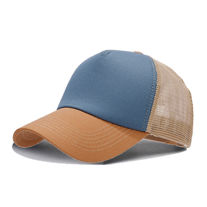 Gorra de béisbol trucker de algodón con malla, visera curva de 5/6 paneles, logotipo personalizado, ajustable, con bloques de color y patchwork, al por mayor - Product Image 4