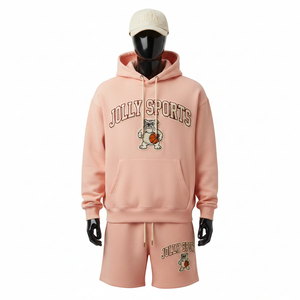 Ensemble sweat-shirt et short pour homme en coton et polyester de qualité supérieure, doux, couleur pêche, avec logo brodé. - Product Image 5