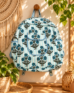 Mochila Acolchada de Algodón con Diseño Floral Azul Claro, Bolso de Hombro de Tela Hecho a Mano, Mochila Bohemia de Viaje para Uso Diario - Product Image 1