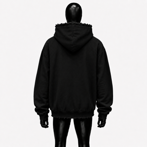 Sudadera con capucha negra oversize con cremallera completa, estampado de estrella roja y borde desgastado, estilo streetwear unisex de corte holgado, en oferta. - Product Image 2