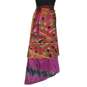 Two-Layer Vintage Silk Sari Reversible Wrap <b>Skirt</b> for Women <b>Long</b> Length Bohemian Sexy Maxi Dress for <b>Summer</b> - Product Image 4