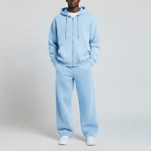 Conjunto de Sudadera con Capucha y Cremallera Completa Azul Claro para Hombre, Chándal de Algodón de Color Liso, Ajuste Holgado, Ropa Casual para Correr, Ideal para Otoño - Product Image 1