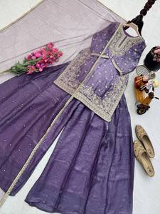 Premium Party Wear Fandy Silk Kurti Palazzo Set with Heavy Embroidery and <b>Net</b> Dupatta - Product Image 5