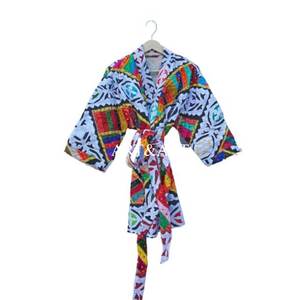 Kimono Corto de Algodón Bohemio Hecho a Mano en India, Ropa de Playa Elegante para Mujer, Ropa de Dormir, Cuello en V, Largo hasta la Rodilla, Cinturón con Lazo Delantero - Product Image 1