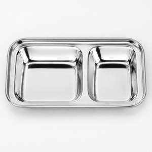 Plateau de service alimentaire en acier inoxydable à 2 compartiments, assiette rectangulaire pour cantine scolaire, dortoir, cantine - Product Image 1