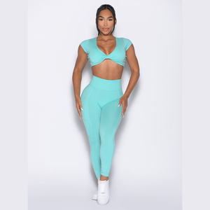 Aqua Elastic Mid Waist <b>Leggings</b> with Side Pockets & Scrunch Butt Breathable Quick Dry Active Wear for Gym Workout - Product Image 1