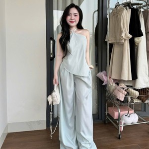 Women Solid Color Halter Top Wide Leg Pants <b>Set</b> Loose Fit Breathable Polyester Casual Spring Summer Two Piece Outfit - Product Image 1