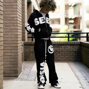 Unisex Streetwear Tracksuit <b>Set</b> Black Hooded Zipper Full Length Joggers With Letter Print And Logo Patch Loose Fit Autumn Wear - Product Image 6