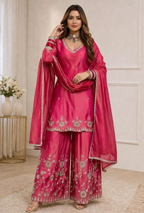 Ensemble Salwar Kameez en Soie Brodé Rose, Longueur Cheville, Tenue Traditionnelle Indienne/Pakistanaise pour Mariage/Soirée d'Été, avec Châle, Séchage Rapide - Product Image 4