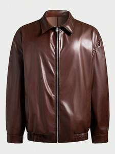 Fashion Designs <b>Men</b> Classic Embroidered Letter Biker <b>Jacket</b> Motorcycle Genuine <b>Leather</b> Slim Fit Brown - Product Image 2