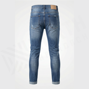 Jean en denim déchiré coupe slim pour homme, taille mi-haute, en coton, style décontracté automne, jambe droite, bleu délavé - Product Image 2
