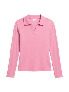 Camiseta polo de manga larga para niñas, cuello en V, cómoda, uniforme escolar, elástica, suave, acanalada. - Product Image 2