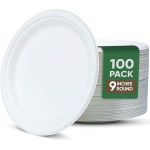 Confezione da 100 Piatti Monouso da 9 Pollici, Stoviglie 100% Compostabili, Resistenti a Perdite e Grasso, Adatti al Microonde, per Feste - Product Image 1