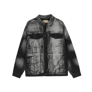 Custom <b>Vintage</b> <b>Denim</b> Autumn Short Varsity <b>Jacket</b> for Men with Embroidered & Embossed 3D Print Design Collarless - Product Image 1