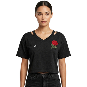 Summer Cutout Shoulder Black V Neck Crop <b>Top</b> Custom Flower Patch Patchwork Embroidery Casual T-Shirt 100% Cotton Women's Shirts - Product Image 1