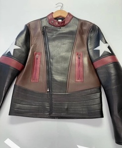 Chaqueta de Motociclista de Cuero Genuino para Hombre, Diseño de Estrellas en Negro, Marrón y Rojo, Cuello Alto, Cierre de Cremallera, Estilo Motero - Product Image 2
