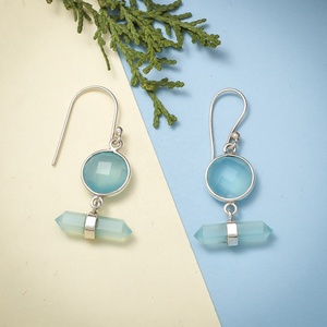 925 Sterling <b>Silver</b> Aqua Chalcedony Gemstone Dangle <b>Earrings</b> with Hexagonal Crystal <b>Drop</b> Handmade <b>Earrings</b> - Product Image 3