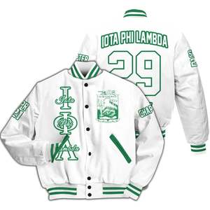 Veste universitaire personnalisée pour femmes Iota Phi Lambda, blanche, avec écusson à lettres grecques, numéro de sororité et année, style bomber - Product Image 3