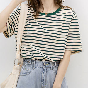 <b>Womens</b> Printed Regular Fit Cotton Knitted <b>T</b> <b>Shirt</b> <b>White</b> and Green Striped Short-Sleeve Cotton <b>T</b>-<b>shirt</b> - Product Image 1