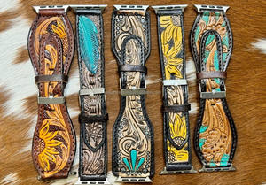 New Handmade Genuine Leather Custom Design Western Floral Tooled Painted <b>Watch</b> Bands Boho Western Replacement <b>Watch</b> Straps - Product Image 3