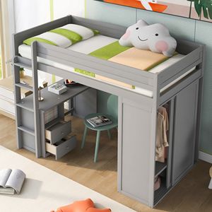 Letto a soppalco grigio singolo con armadi e scrivania a 2 cassetti con mobiletto, letto in legno per bambini con funzioni di archiviazione - Product Image 2