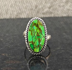 แหวนเงินแท้ 925 ประดับเทอร์ควอยซ์สีเขียวทองแดง สไตล์โบฮีเมียน ทำด้วยมือ แหวนประดับอัญมณี - Product Image 6
