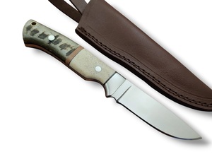 Couteau de chasse artisanal en acier inoxydable à pointe tombante avec manche en corne de bélier et os, et étui en cuir, lame fixe pleine longueur de 10 pouces - Product Image 3