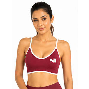 Women's Maroon Sports Bra <b>White</b> Contrast Binding Scoop Neck Spaghetti Strap Medium Support Yoga <b>Top</b> Breathable Seamless Design - Product Image 1
