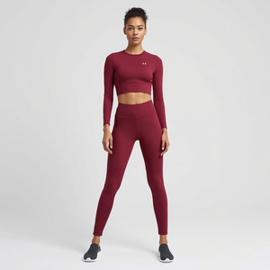 Women's Burgundy Long Sleeve <b>Crop</b> <b>Top</b> High Waist Leggings Seamless Yoga Set Spandex Polyester Medium <b>Support</b> Crew Neck Racerback - Product Image 4