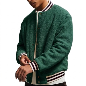 Men's White <b>Fleece</b> Varsity <b>Jacket</b> With Striped Trim Turn-down Collar Casual Winter Coat <b>Thick</b> Sherpa Lining Regular Fit - Product Image 3