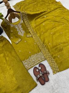 Women's <b>Green</b> <b>Silk</b> Embroidered Stitched Salwar Kameez Set Beaded Stretchable Reversible Quick-Dry Micro Cotton Inner for - Product Image 5