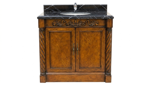 Meuble de salle de bain traditionnel en bois massif avec vasque en céramique et miroir inclus, finition foncée, rectangulaire, sur pied, 32-34 - Product Image 2
