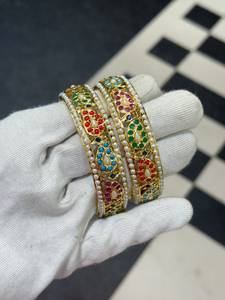 Bhargavi Luxury Indian Handcrafted Rhodium Plated Jadau Pearl <b>Bangles</b> <b>Set</b> | Bridal Wedding Jewelry Ethnic Fashion Bracelet - Product Image 2