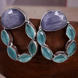 Pendientes de estilo bohemio, tribal y étnico, de latón con baño de plata antigua, para mujer, para bodas, con incrustaciones de piedra Monalisa, geométricos, colgantes y llamativos - Product Image 4