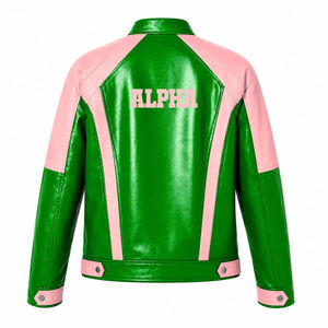 Alfa |   Kapa |   Chaqueta Universitaria de Cuero Sintético Alpha Sorority, Verde y Rosa con Estampado de Letras 1908, Cierre de Cremallera Completo, Chaqueta Casual para Mujer - Product Image 3